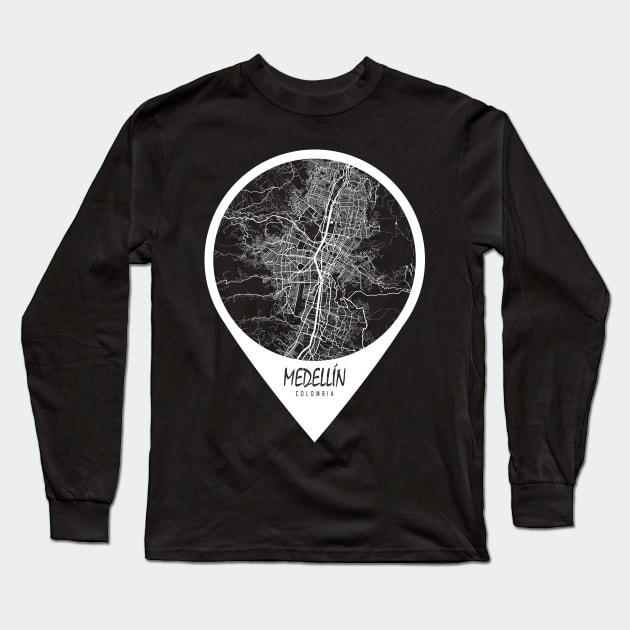 Medellin, Colombia City Map - Travel Pin Long Sleeve T-Shirt by deMAP Studio